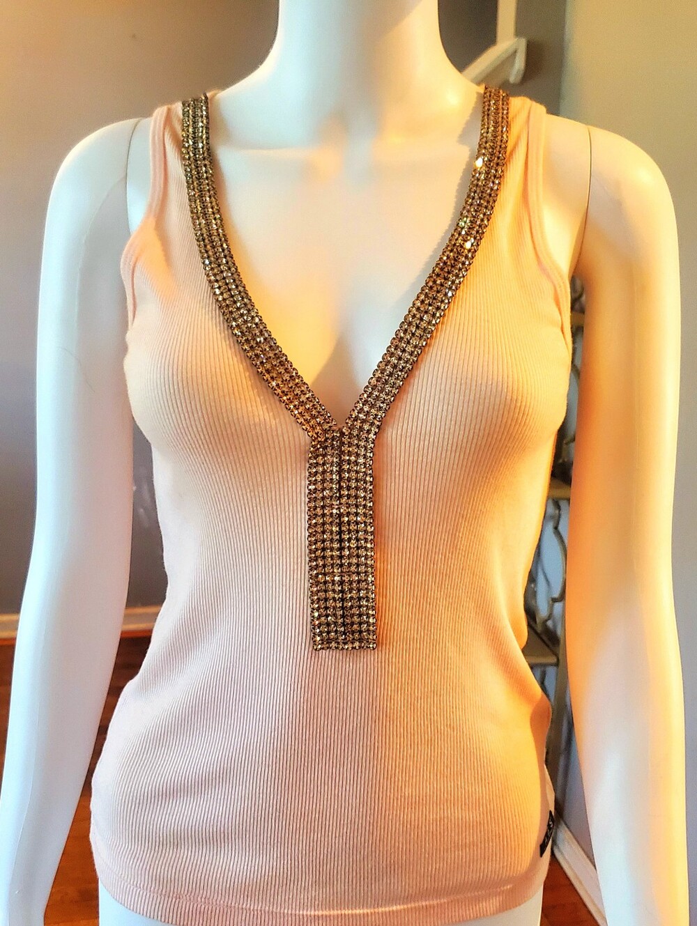 ABS Allen Schwartz Light Pink Tank with Gold Rhinestone V-Neck